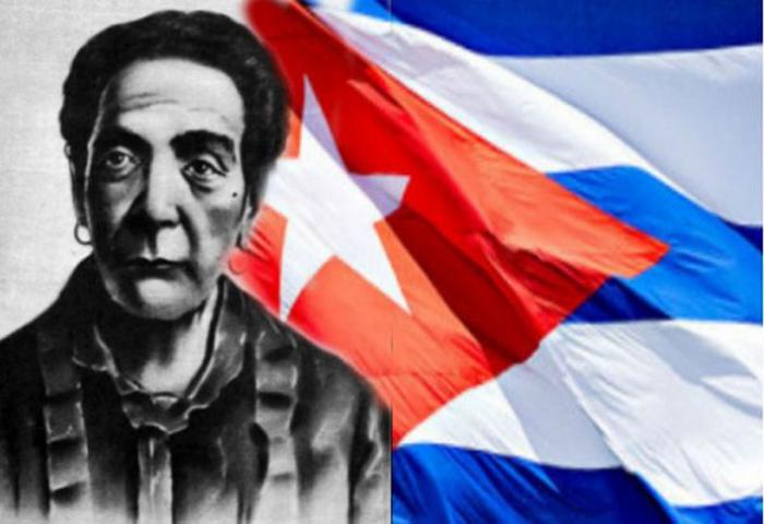 La imagen muestra dibujo de mariana grajales y foto de la bandera cubana