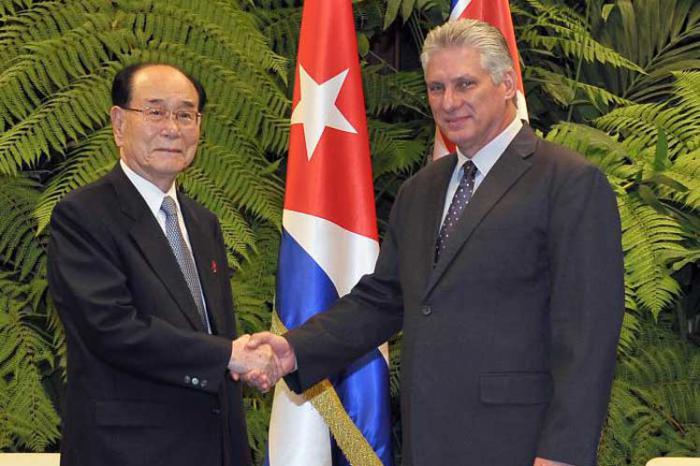 dos hombres estrechan la mano, bandera cubana, arbustos de helechos