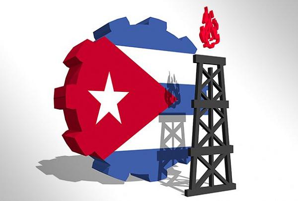 logo, rueda con imagen bandera cubana y torre petróleo