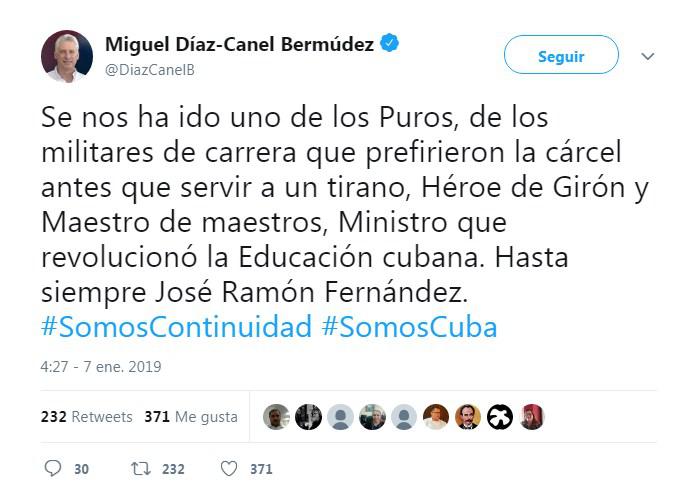 Twitter Diaz canel lamenta fallecimiento José Ramón Fernández