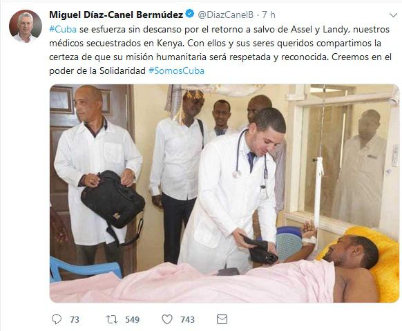 Twit de Díaz-Canel sobre secuestro de médicos cubanos en Kenya