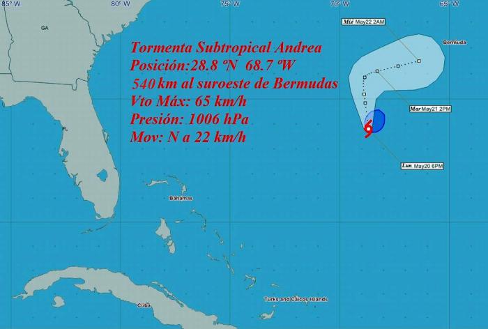 Mapa de la Tormenta Subtropical Andrea.
