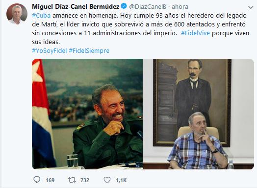 Twitt de Díaz-Canel sobre aniversario natalicio de Fidel