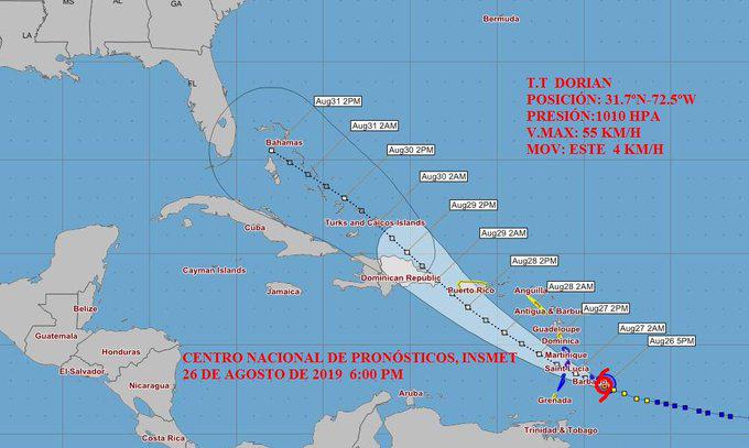 Cono de la tormenta tropical Dorian hasta este lunes 26 de agosto