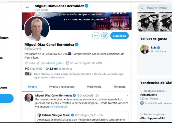 Tuit del presidente cubano Miguel Díaz-Canel