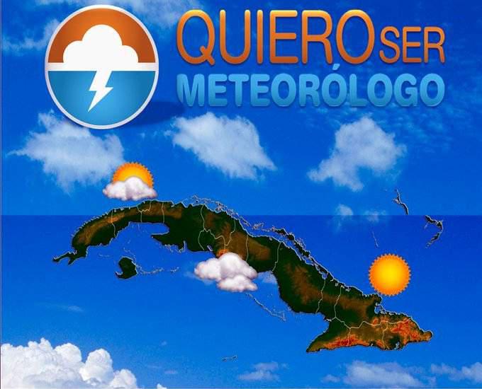 cartel de la convocatoria al concurso Quiero ser Meteorólogo, mapa de cuba, sol, nubes, cielo