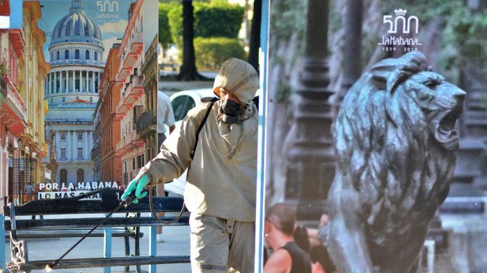 Hombre fumigando las calles de la habana por  el coronavirus covid-19