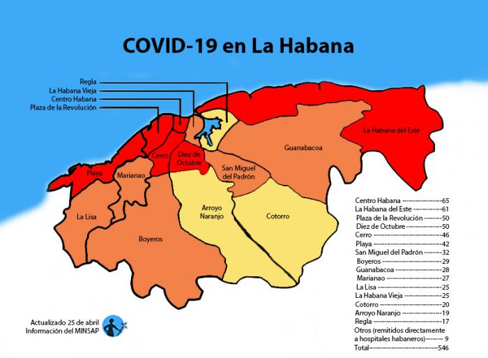 mapa de afectados por coronavirus covid-19 en la habana por municipios
