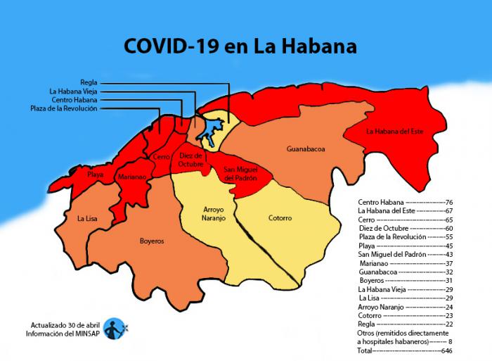 mapa de afectados por coronavirus covid-19 en la habana por municipios