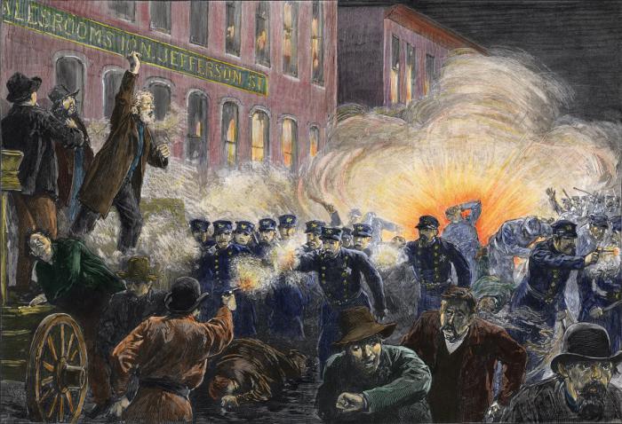 Pintura de la época representando los hechos del a revuelta de Haymarket