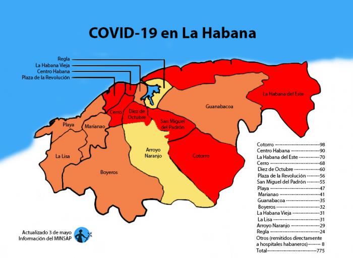 mapa de afectados por coronavirus covid-19 en la habana por municipios