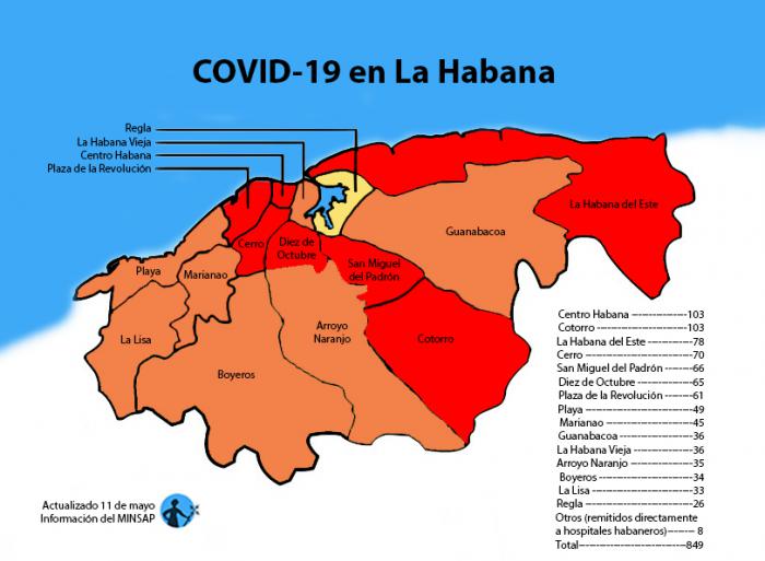 mapa de afectados por coronavirus covid-19 en la habana cuba por municipios