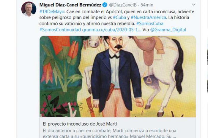 Twit de Díaz-Canel sobre muerte de José Martí