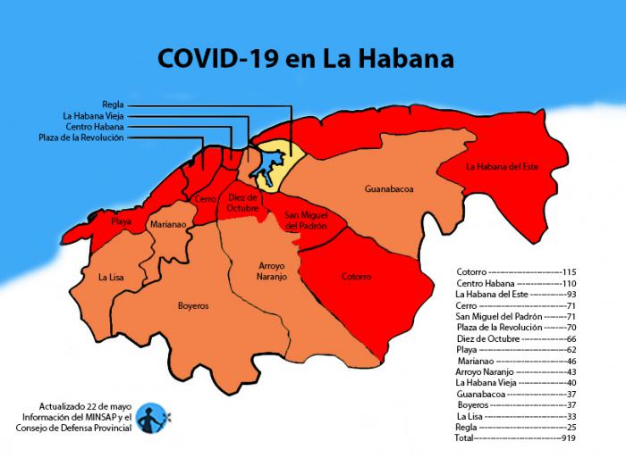 mapa de afectados por coronavirus covid-19 en la habana cuba por municipios