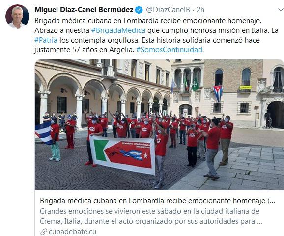 Elogia Díz-Canel labor de médicos cubanos en Italia
 
