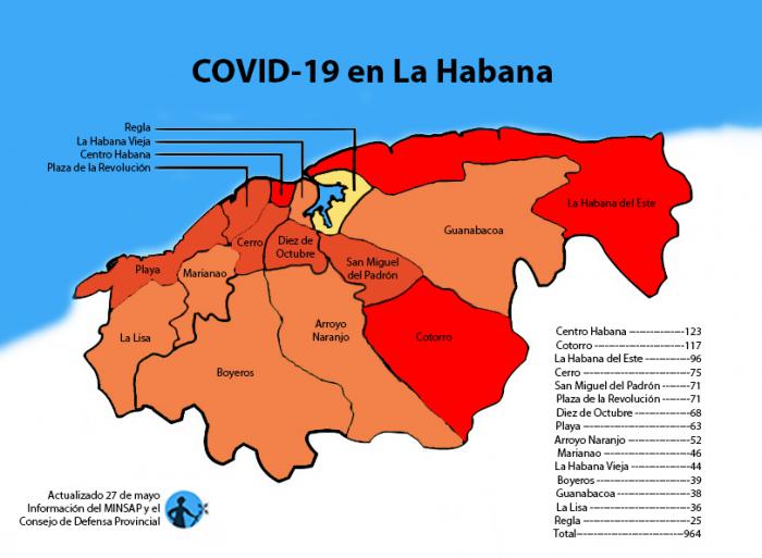 mapa de afectados por coronavirus covid-19 en la habana cuba por municipios