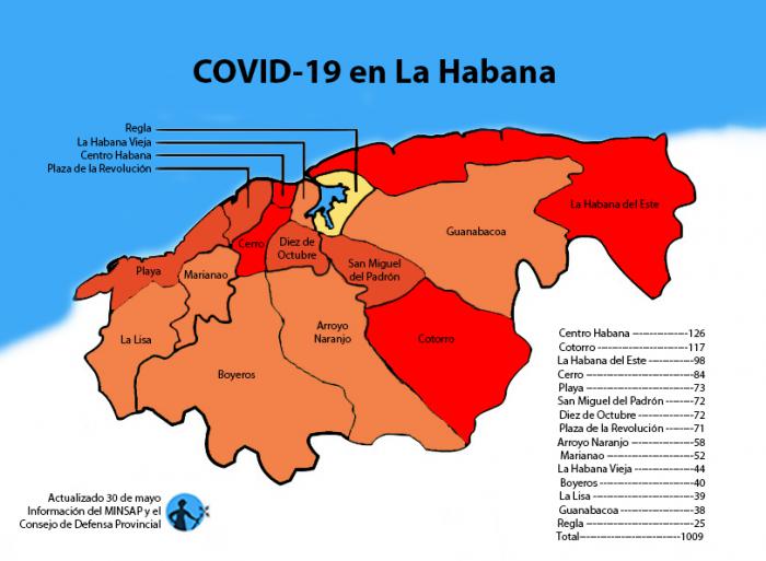 mapa de afectados por coronavirus covid-19 en la habana cuba por municipios