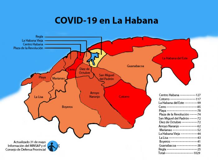 mapa de afectados por coronavirus covid-19 en la habana cuba por municipios
