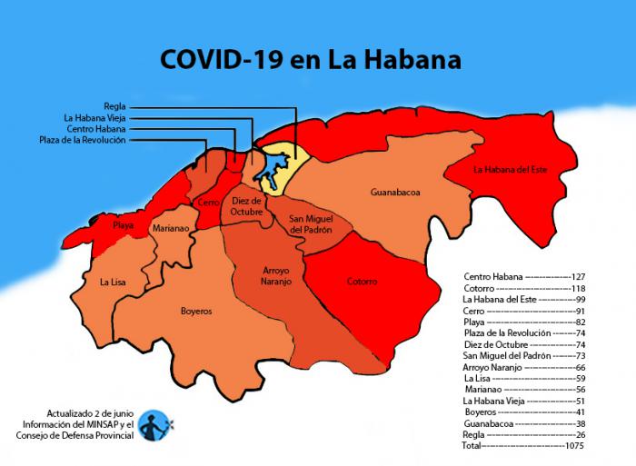 mapa de afectados por coronavirus covid-19 en la habana cuba por municipios