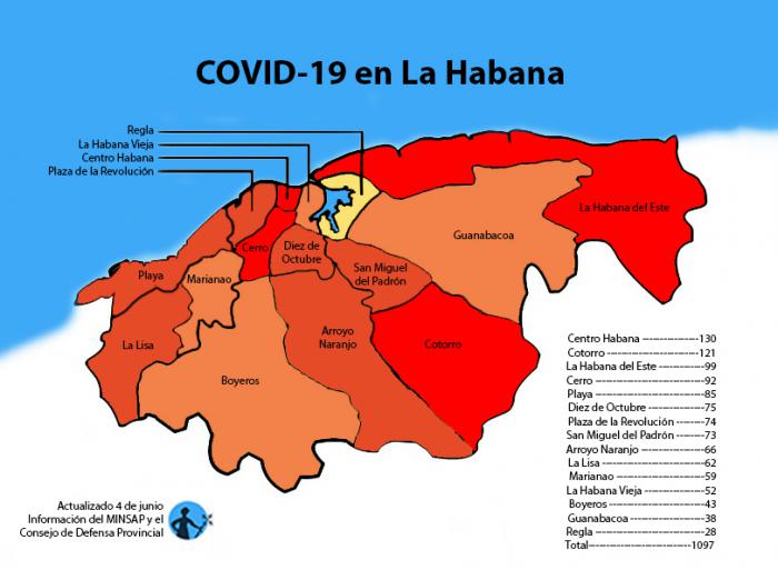 mapa de afectados por coronavirus covid-19 en la habana cuba por municipios