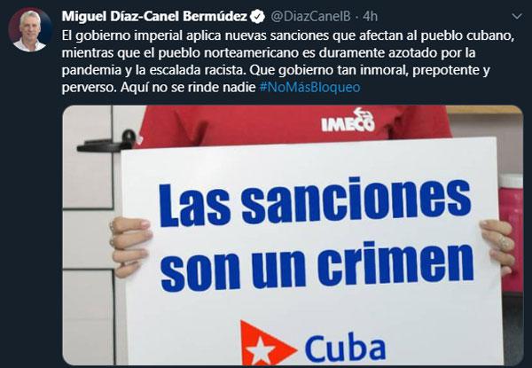 Tuitt de Miguel Díaz-Canel sobre nuevas sanciones de EE.UU. contra Cuba