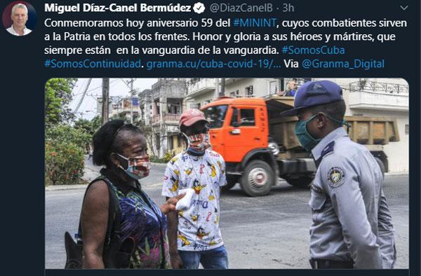 Díaz-Canel resalta en twitter labor del minint por su aniversario 59