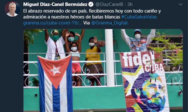 Tuitt de Miguel Díaz-Canel sobre recibimiento a  médicos cubanos que cumplieron misión en Italia