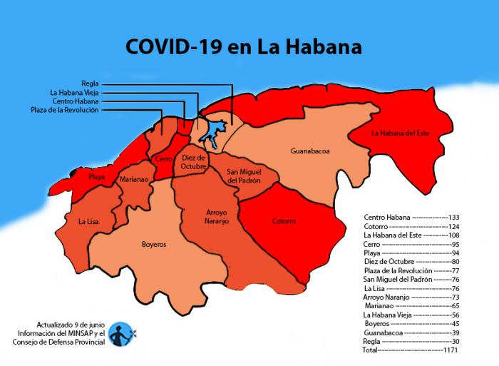 mapa de afectados por coronavirus covid-19 en la habana cuba por municipios