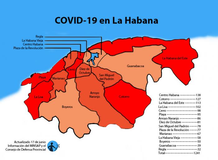 mapa de afectados por coronavirus covid-19 en la habana cuba por municipios
