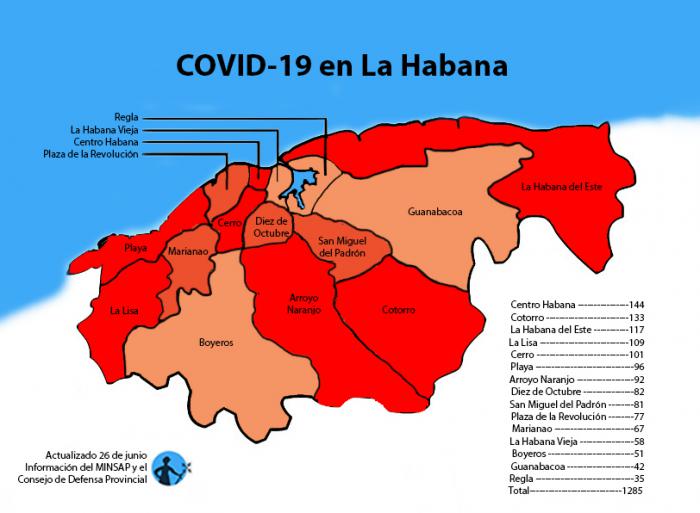 mapa de afectados por coronavirus covid-19 en la habana cuba por municipios
