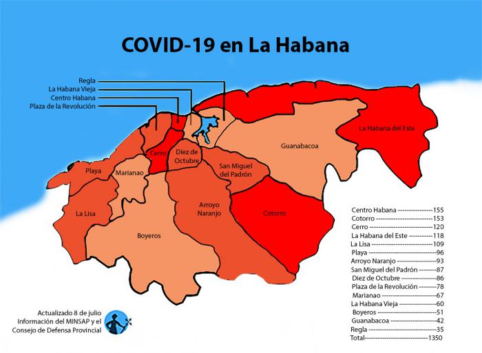 mapa de afectados por coronavirus covid-19 en la habana cuba por municipios
