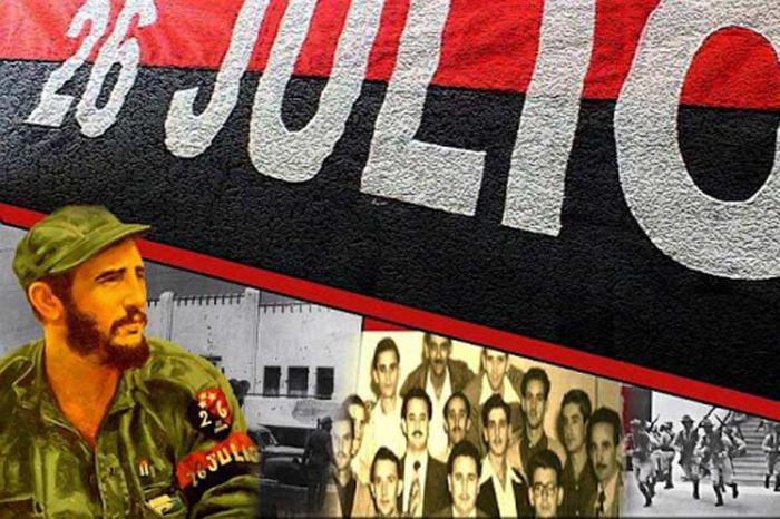 Varias imágenes, Fidel, bandera 26 de julio, asaltantes, soldados