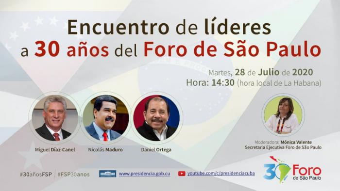 Encuentro de líderes 30 años foro de sao paulo, miguel díaz-canel, nicolás maduro y daniel orega