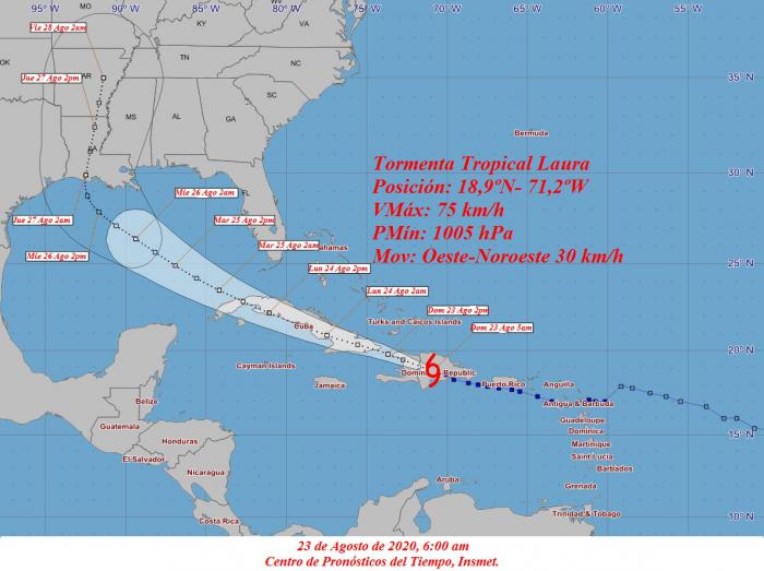 Cono trayectoria de la tormenta tropical Laura, a las seis de la mañana del domingo 23 de agosto del 2020