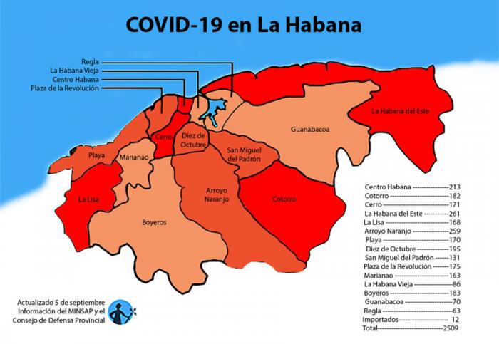 mapa de afectados por coronavirus covid-19 en la habana cuba por municipios