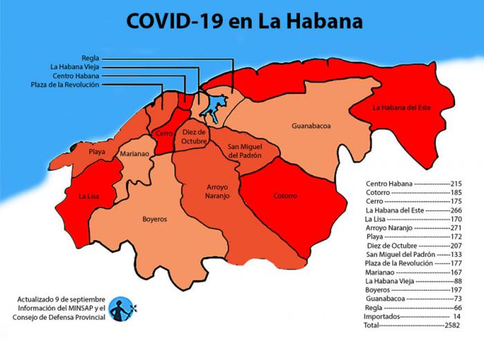 mapa de afectados por coronavirus covid-19 en la habana cuba por municipios