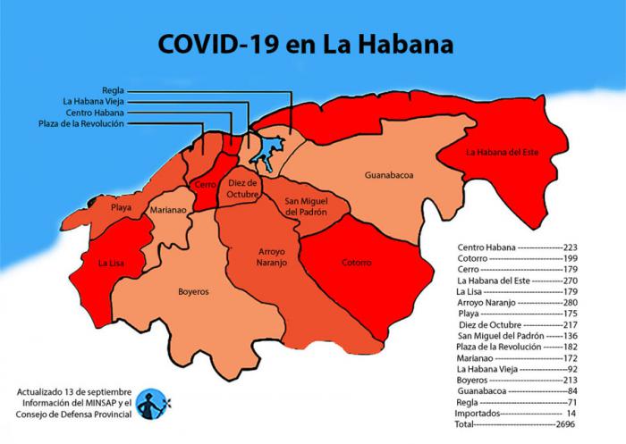 mapa de afectados por coronavirus covid-19 en la habana cuba por municipios