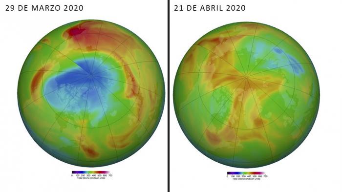 Imágenes de la capa de ozono en marzo y en abril de 2020
