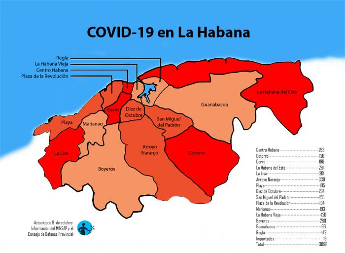 mapa de afectados por coronavirus covid-19 en la habana cuba por municipios