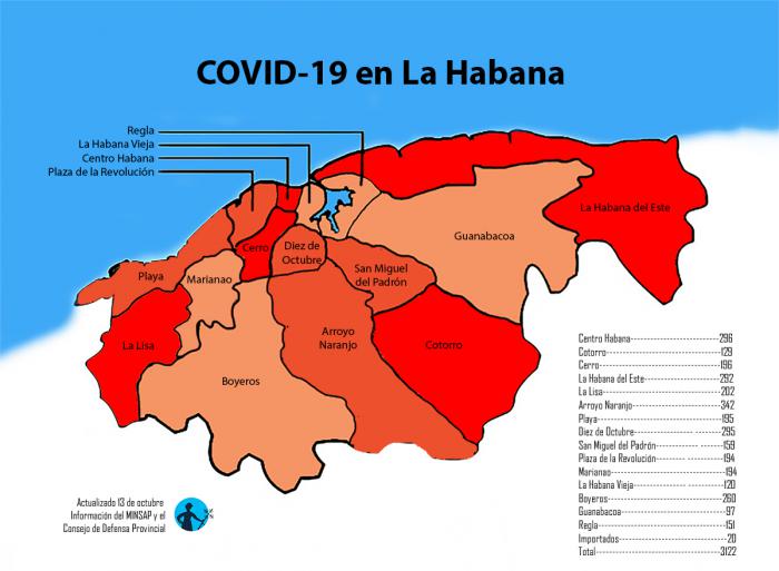 mapa de afectados por coronavirus covid-19 en la habana cuba por municipios