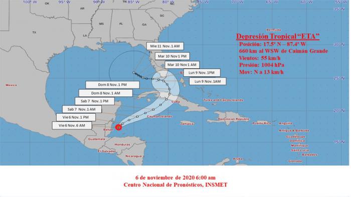 Cono de trayectoria de la depresión tropical Eta
