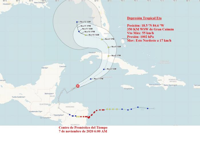 Mapa de Cuba con el pronóstico del recorrido de Eta según el parte de las 6 de la mañana de este sábado 7 de noviembre, por el Instituto de Meteorología