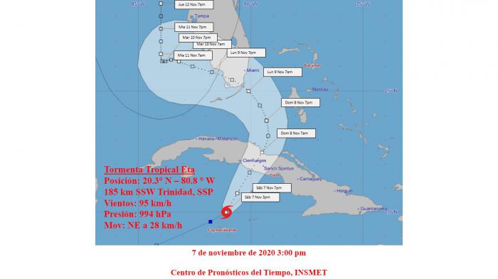 Mapa con el cono de posible recorrido de la tormenta tropical Eta emitido a las 3 p.m. 