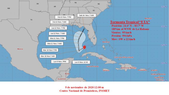 Mapa con el cono de la tormenta tropical Eta del parte emitido por el Instituto de Meteorología a las 12 del mediodía