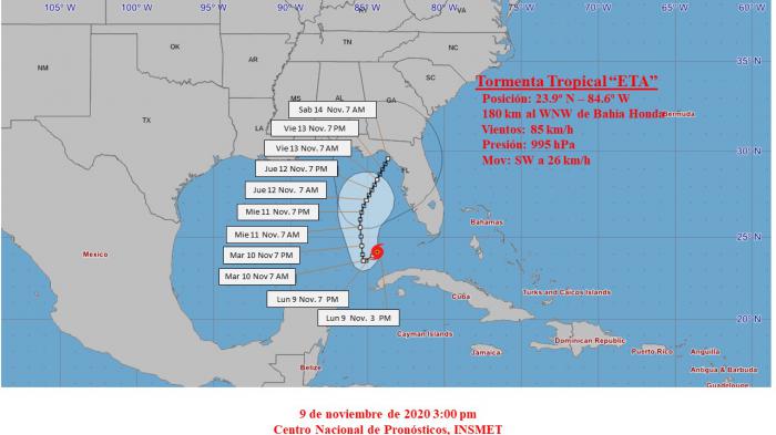 Mapa con el cono de la tormenta tropical Eta emitido por el Instituto de Meteorología a las 3 de la tarde