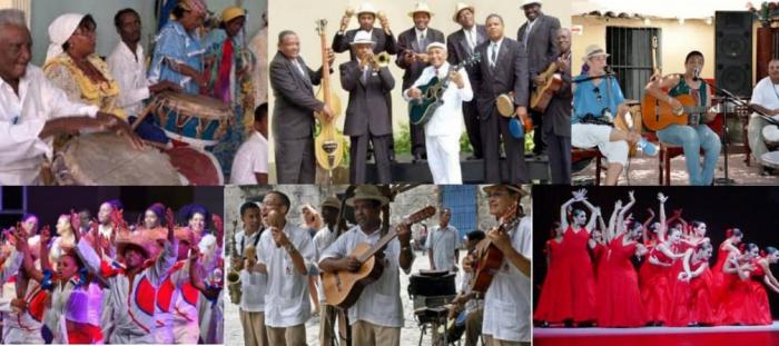 Varios grupos musicales y personas tocando música y bailando
