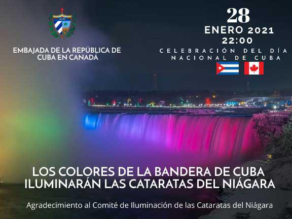 Cartel que anuncia que los colores de la bandera cubana iluminarán las cataratas del Niágara este 28 de enero de 2021