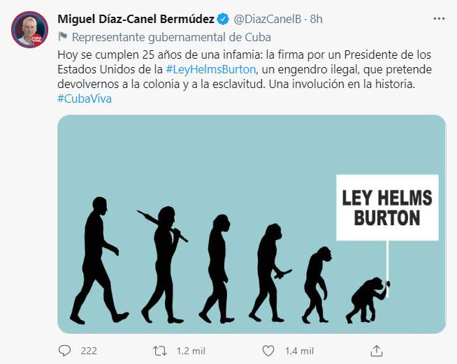Tuit de Díaz-Canel sobre aniversario de la firma de la Ley Helms-Burton