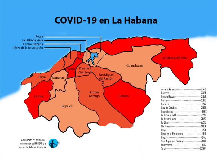 mapa de afectados por coronavirus covid-19 en la habana cuba por municipios