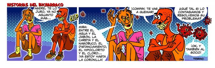 Historias del bicharraco, dos personas conversando sin nasobuco y el coronavirus alrededor de ellos 